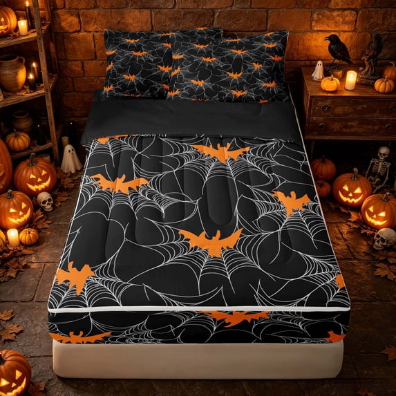 Erosebridal Spooky Spiderweb Zipper Twin Comforter Sets with Fitted Sheet and 2 Pillowcases, Halloween Bat Zipper Bedding Set for Boys Girls, Black Orange, Black Reversible