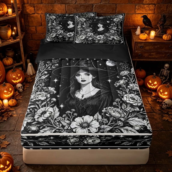Erosebridal Spooky Witch Portrait Zipper Queen Comforter Set with Fitted Sheet and 2 Pillowcases, Boho Moonlit Peony Zipper Bedding Set for Boys Girls, Black White, Black Reversible