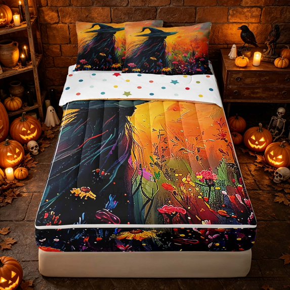 Erosebridal Spooky Witch Silhouette Zipper Twin Comforter Sets with Fitted Sheet and 2 Pillowcases, Boho Wildflower Field Zipper Bedding Set for Boys Girls, Orange Green Black, Polka Dots Reversible