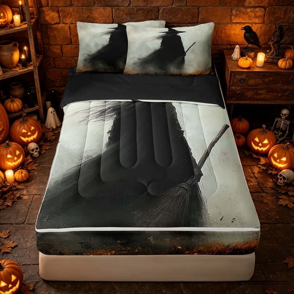 Erosebridal Spooky Witch Zipper Full Size Comforter Sets with Fitted Sheet and 2 Pillowcases, Halloween Zipper Bedding Set for Boys Girls, Ash Beige Dark Brown, Black Reversible
