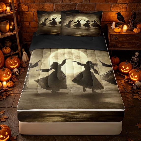 Erosebridal Spooky Witch Zipper Queen Comforter Set with Fitted Sheet and 2 Pillowcases, Halloween Vintage Moon Zipper Bedding Set for Boys Girls, Sepia Brown, Black Reversible