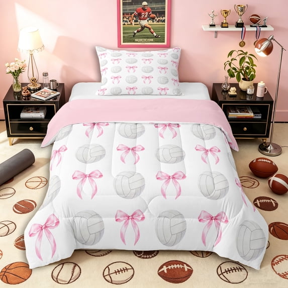 Erosebridal Sport Bowknot Volleyball Twin Comforter Sets 3-Piece for Kids Teens,Girls Ball Gamer Bedding Set,Pink Reversible,Super Cozy Room Decor