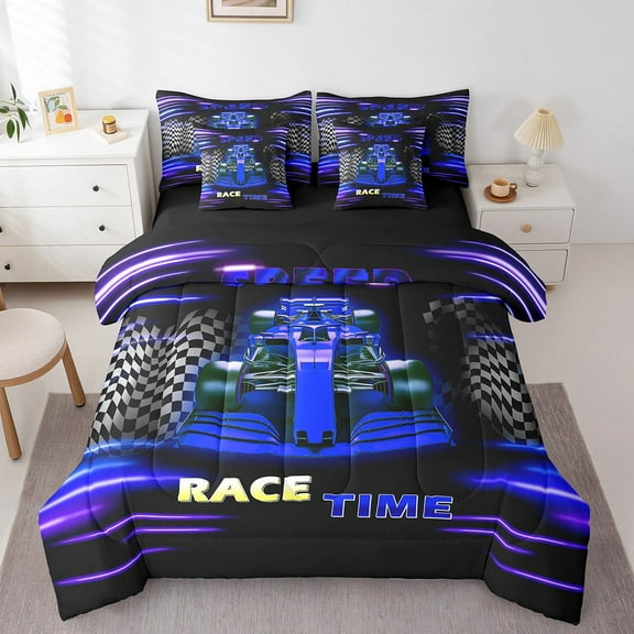 Erosebridal Sport Car Bedding Sets Twin Size,Buffalo Plaid Comforter Sets with Sheets,Extreme Sport Bed in a Bag Twin size,Microfiber Car Room Decorative,Reversible,7pcs