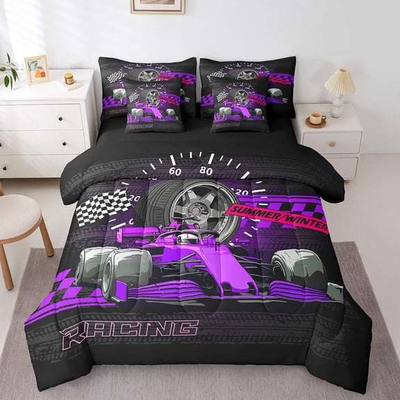 Erosebridal Sport Car Bedding Sets Twin Size,Buffalo Plaid Comforter Sets with Sheets,Extreme Sport Bed in a Bag Twin size,Microfiber Car Room Decorative,Reversible,7pcs