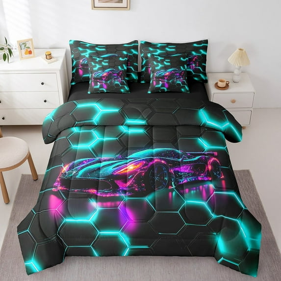 Erosebridal Sport Car Bedding Sets Twin Size,Honeycomb Hexagon Comforter Sets with Sheets,Extreme Sport Bed in a Bag Twin size,Microfiber Boys Bedroom Decor,Reversible,7pcs