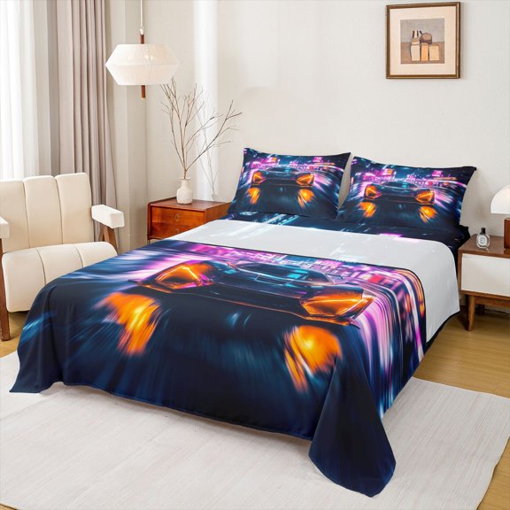 Erosebridal Sport Fast Car Full Size Sheets 4-Piece For Kids Boys,Car Theme Bed Sheets For Teens,Microfiber Bedroom Decor