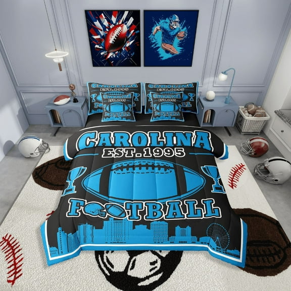 Erosebridal Sport Football Bedding Sets Twin Size,Ball Game Comforter Sets with Sheets,Rugby Room Decorative(Carolina),Reversible,Lightweight,7-Piece