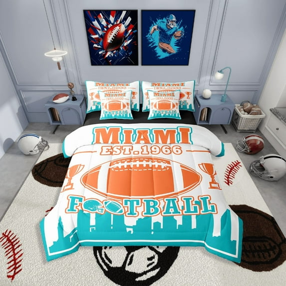 Erosebridal Sport Football Bedding Sets Twin Size,Ball Game Comforter Sets with Sheets,Rugby Room Decorative(Miami),Reversible,Lightweight,7-Piece