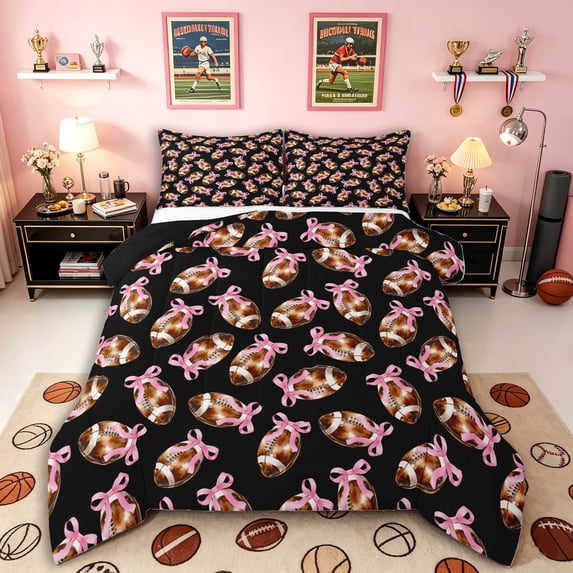 Erosebridal Sport Football Print Full Size Comforter Sets 3 Pieces for Girls,Kawaii Rugby Bowknot Bedding Sets for Kids Teens,Black Reversible,Ultra Soft Home Decor