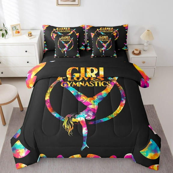 Erosebridal Sport Gymnastics Bedding Sets Twin Size,Dance Theme Comforter Sets with Sheets,Tie Dye Bed in a Bag Twin size,Lightweight Gradient Room Decorative,Reversible,7pcs