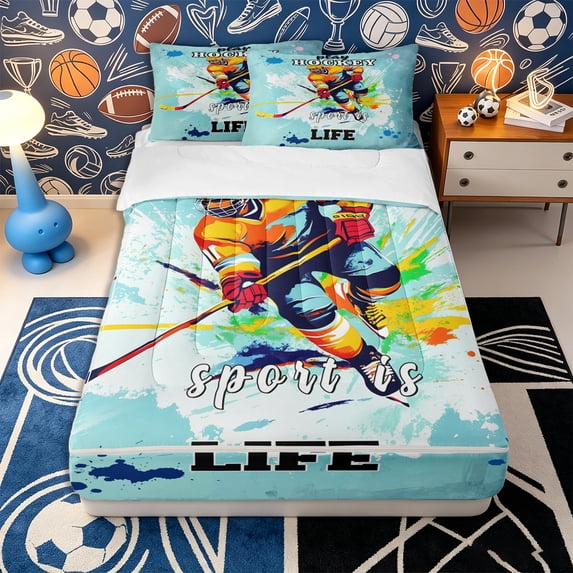 Erosebridal Sport Hockey Zipper Twin Comforter Sets with Fitted Sheet and 2 Pillowcases,Graffiti Splash Zipper Bedding Set,Cyan Orange Blue