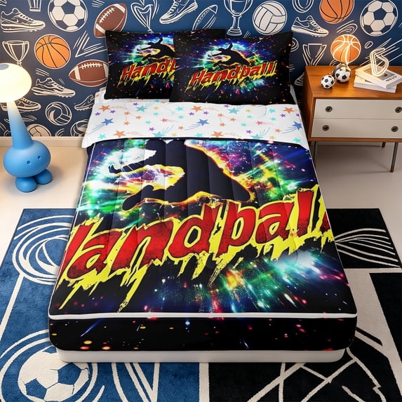 Erosebridal Sport Neon Splash Zipper Twin Comforter Sets with Fitted Sheet and 2 Pillowcases,Handball Print Zipper Bedding Set,Black Red Gold Blue,Reversible
