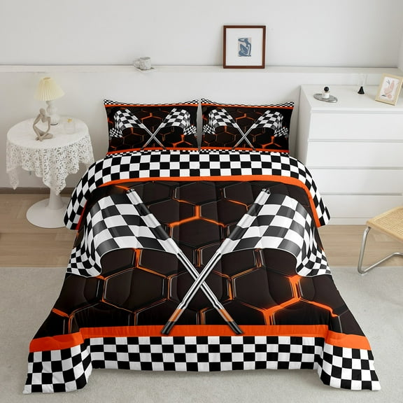 Erosebridal Sport Racing Checkered Bedding Sets Twin with Comforter, Orange Duvet Insert, Chic Honeycomb Decor, Ultra Soft 2pcs