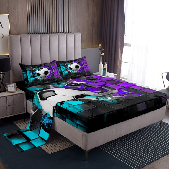 Erosebridal Sport Soccer Bed Sheets Set Queen Size,Geometric Buffalo Bedding Sets Queen Size,Blue Purple Bed Sheets Queen,Lightweight Ball Gamer Room Decoration,4-Piece