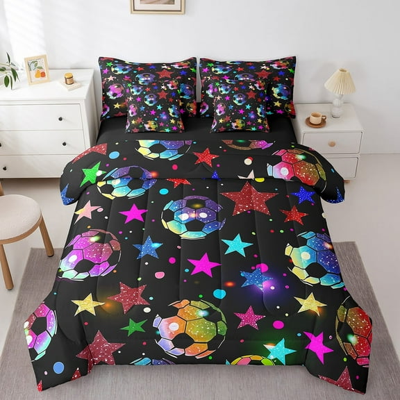 Erosebridal Sport Soccer Bed in a Bag Full size,Bling Stars Bed Set,Football Game Decor,Reversible,Breathable,7-Piece