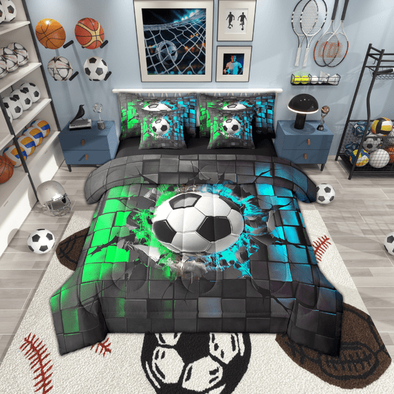 Erosebridal Sport Soccer Bedding Sets Twin Size,Geometric Buffalo Comforter Sets with Sheets,Green Blue Bed in a Bag Twin size,Lightweight Ball Gamer Room Decoration,Reversible,7-Piece