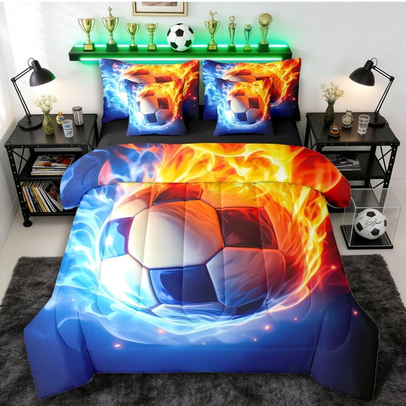 Erosebridal Sport Soccer Flame Twin Bedding Sets 7-Piece for Boys,Ball Gamer Bedding Comforter Set for Kids Teens,Black Reversible,Microfiber Bedroom Decor