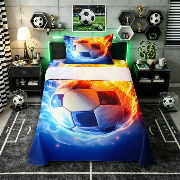 Erosebridal Sport Soccer Flame Twin Sheet Sets 3pcs for Boys,Ball Gamer Bedding for Kids Teens,Microfiber Bedroom Decor