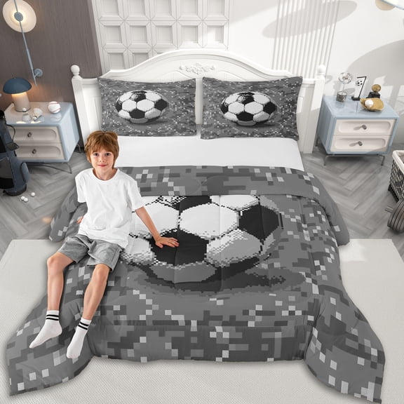 Erosebridal Sport Soccer Queen Comforter Set 3pcs for Kids Boys,Pixel Grid Miners Bedding Comforter Set for Teens,Lightweight Room Decor