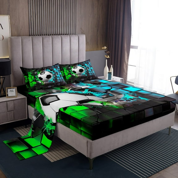 Erosebridal Sport Soccer Sheet Set Twin,Geometric Buffalo Bedding Sets Twin Size,Green Blue Twin Sheet Sets,Lightweight Ball Gamer Room Decoration,3pcs