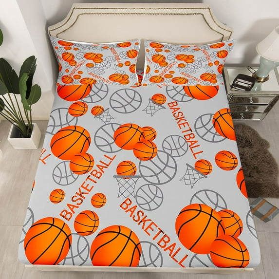 Erosebridal Sports Basketball Fitted Sheet Set Queen,Orange and Grey Fitted Sheet Queen,Teen Men(No Top Sheet)