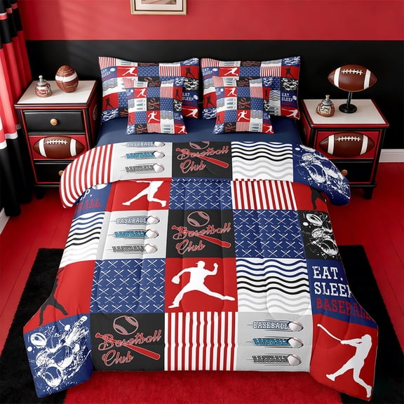 Erosebridal Sports Bed In A Bag Twin Size,Baseball Bed Set,Red Blue Buffalo Bedding Twin Size, Microfiber Bedroom Decor,7 Pieces Reversible