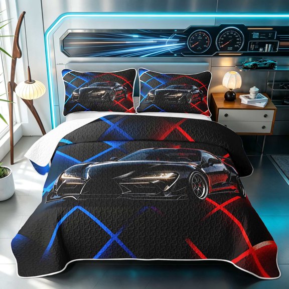 Erosebridal Sports Car Bed Spread Queen, Lightning Queen Coverlet Set, Red Blue Lightning 3 Pieces 1 Quilt and 2 Pillowcases