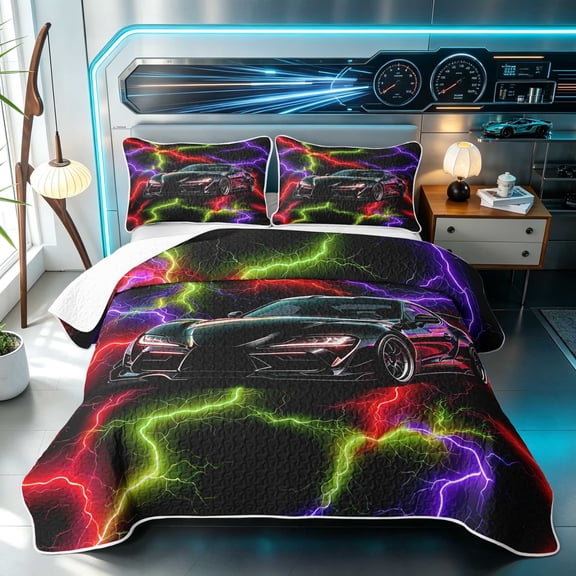 Erosebridal Sports Car Bed Spread Queen, Lightning Queen Coverlet Set, Red Green Lightning 3 Pieces 1 Quilt and 2 Pillowcases