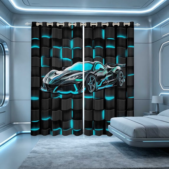 Erosebridal Sports Car Blackout Curtains, Neon Cube Window Curtains Pack of 2 (38x45 Each), Cyan Black Cube