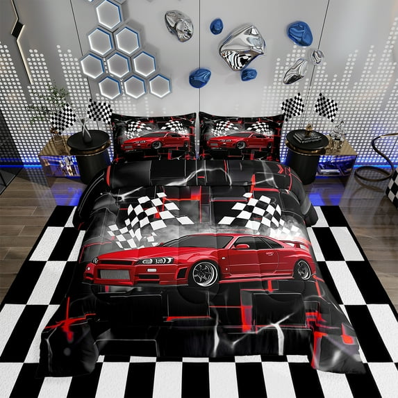 Erosebridal Sports Car Comforter Set Full,Red Race Car Extreme Sport Bedding Set 3Pcs Teens,Racing Gaming Duvet Insert Set Black White Grid Quilted Duvet Set with 2 Pillow