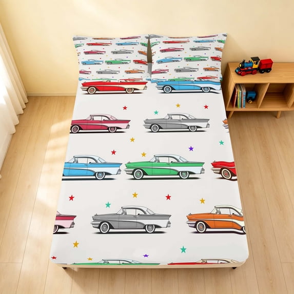 Erosebridal Sports Car Fitted Sheet Full, Stars Bed Set, White Stars 3 Pieces 1 Fitted Sheet and 2 Pillowcases
