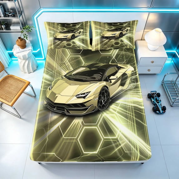 Erosebridal Sports Car Fitted Sheet, Neon Glow Queen Bedding, Cream White 3-Piece 1 Fitted Sheet and 2 Pillowcases