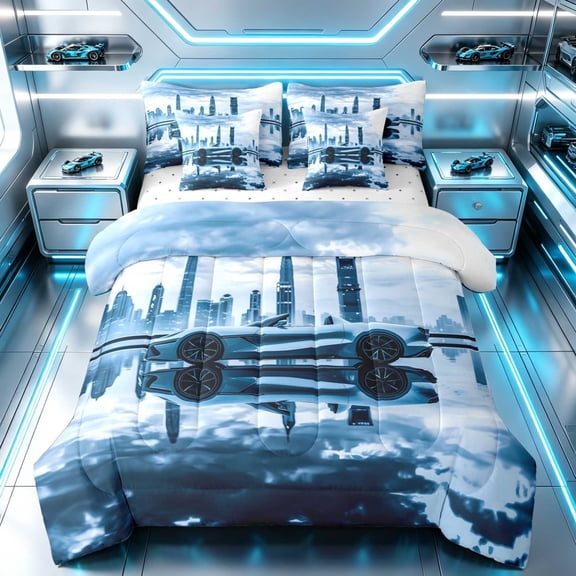 Erosebridal Sports Car King Bedding, City Night King Bed in a Bag, Blue City 7-Piece