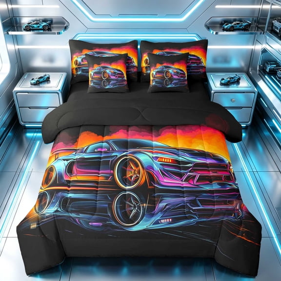 Erosebridal Sports Car King Bedding, Dramatic King Bed in a Bag, Blue Reflection, Black Reversible 7 Pieces