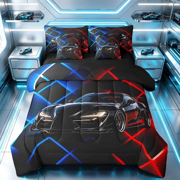 Erosebridal Sports Car King Bedding, Lightning King Bed in a Bag, Red Blue Lightning, Black Reversible 7 Pieces