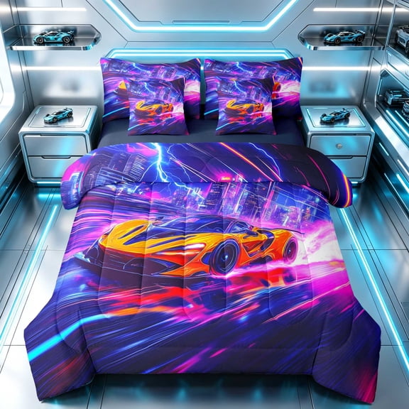 Erosebridal Sports Car King Bedding, Neon Speed King Bed in a Bag, Orange Purple, Navy Reversible 7pcs