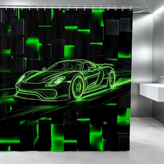 Erosebridal Sports Car Shower Curtain 72Wx72L, Neon Green Bathroom Curtain, Green Neon Outline