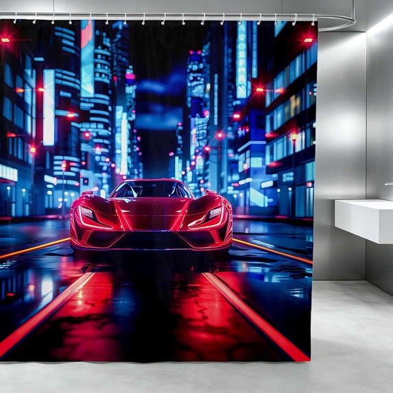 Erosebridal Sports Car Shower Curtain 72Wx78L, City Night Bath Curtain, Red Neon City