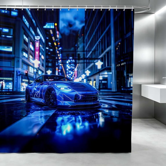 Erosebridal Sports Car Shower Curtain 72Wx84L, City Night Bathroom Shower Curtain, Blue Neon City