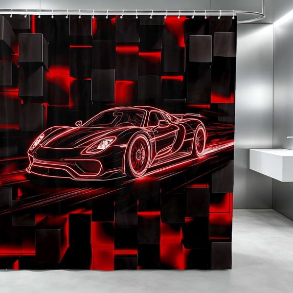 Erosebridal Sports Car Shower Curtain 72Wx84L, Neon Outline Bathroom Shower Curtain, Red Neon Outline