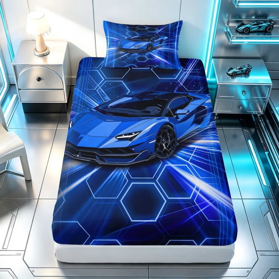 Erosebridal Sports Car Twin Fitted Sheet, Neon Glow Bedding, Bright Blue 2pcs 1 Fitted Sheet and 1 Pillowcase