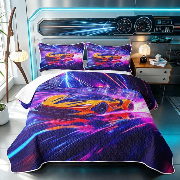 Erosebridal Sports Car Twin Quilt Set, Neon Speed Twin Coverlet Set, Orange Purple 2pcs 1 Bedspread and 1 Pillowcase