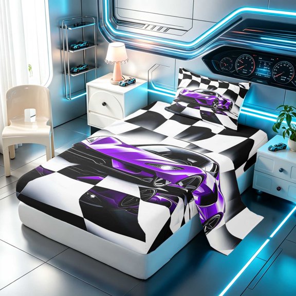 Erosebridal Sports Car Twin Sheets, Checkered Flag Bedding, Purple Car 3pcs (1 Flat Sheet, 1 Fitted Sheet and 1 Pillowcase)
