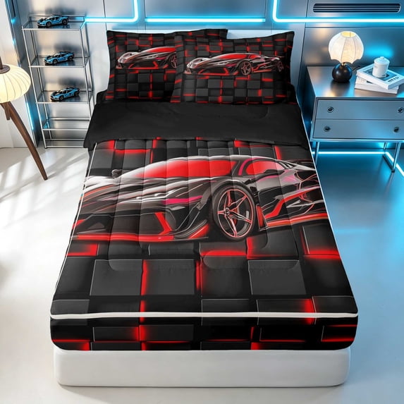 Erosebridal Sports Car Zipper Twin Comforter Sets with Fitted Sheet and 2 Pillowcases, Neon Cube Zipper Bedding Set, Red Black Cube, Black Reversible