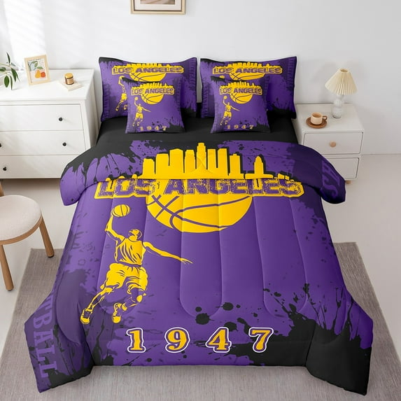 Erosebridal Sports City Bedding Sets Twin Size,Los Angeles Comforter Sets with Sheets,Basketball Player Bed in a Bag Twin Size For Boys,Microfiber Bedroom Decoration Reversible,7-Piece