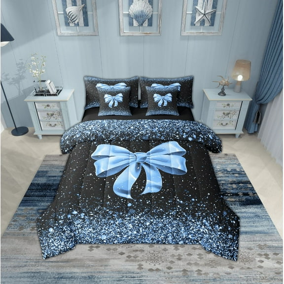 Erosebridal Bowknot Glitter Bedding Sets King Size,Bling Sequin Print Bed in a Bag King size,Super Cozy Reversible Bedding King Size,Teen Bedroom Decor,7 Pieces