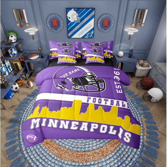 Erosebridal Sports Football Bedding Sets Twin Size, Vintage Soccer Comforter Sets with Sheets, Purple Gold, Reversible 7-Piece