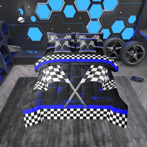 Erosebridal Sports Racing Flag Bedding Twin Size, Checkered Bedding Sets Twin Size, Blue Geometry Decor, Reversible 7pcs