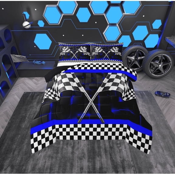 Erosebridal Sports Racing Flag Comforter Sets Twin Size, Checkered Comforters & Duvets, Blue Geometry Decor, Reversible 2pcs