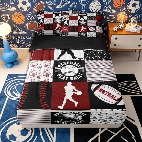Erosebridal Sports Silhouette Pattern Zipper Twin Comforter Sets with Fitted Sheet and 2 Pillowcases,Chevron Texture Print Zipper Bedding Set,Burgundy Red Black White,Black Reversible